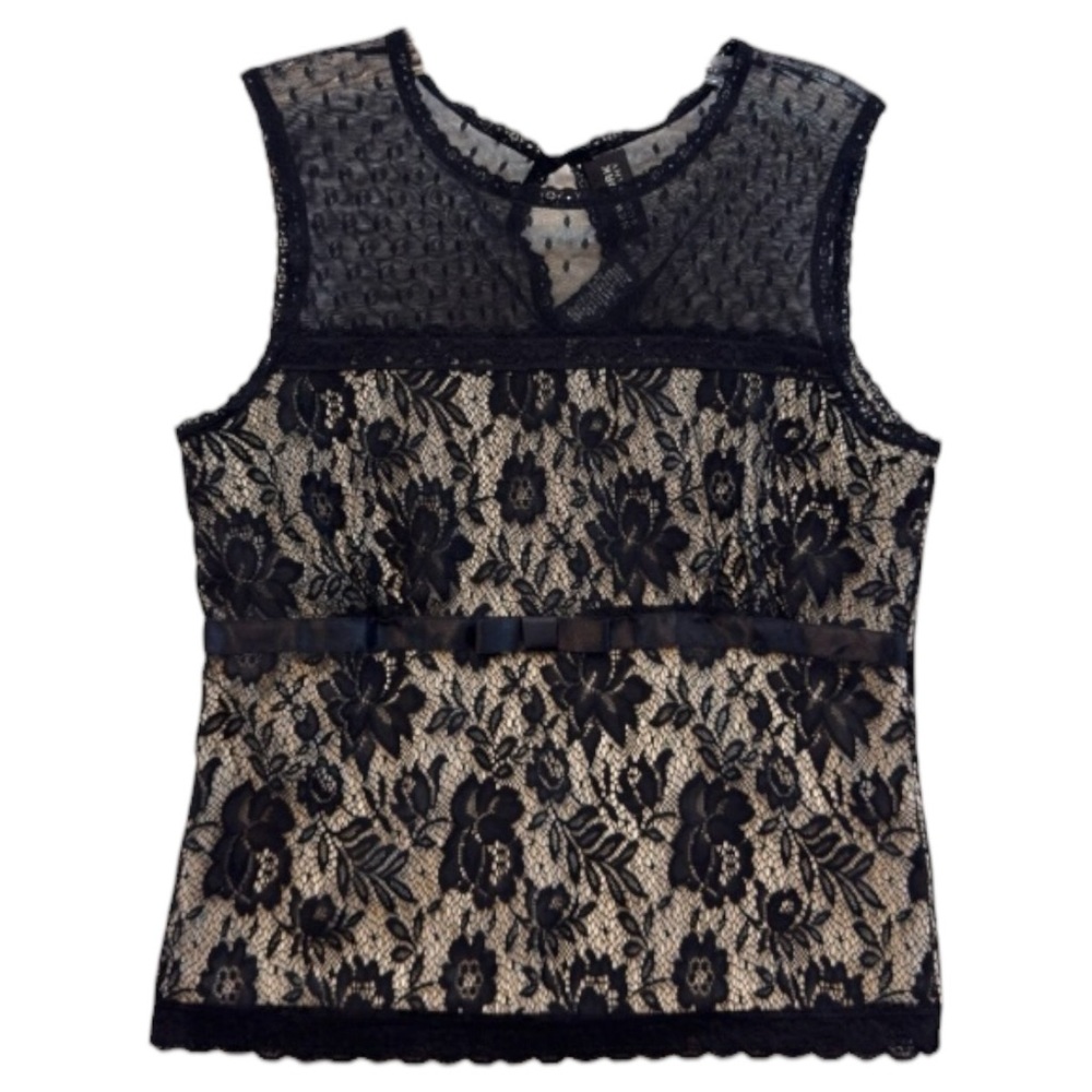 Y2K Era - Black Lace Top w Satin Bow Detail - by NY & Co - Made in USA - Size S